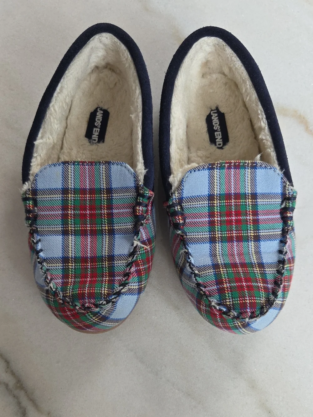 Lands' End Blue Plaid Sherpa-Lined Moccasin Slippers Size 2